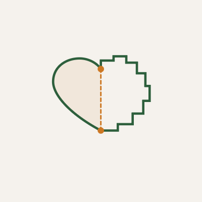 The Machina Magnifica logo: a heart split down the middle by a dashed line — the left half a smooth, hand-drawn human heart, the right half a pixelated, evolving digital equivalent.